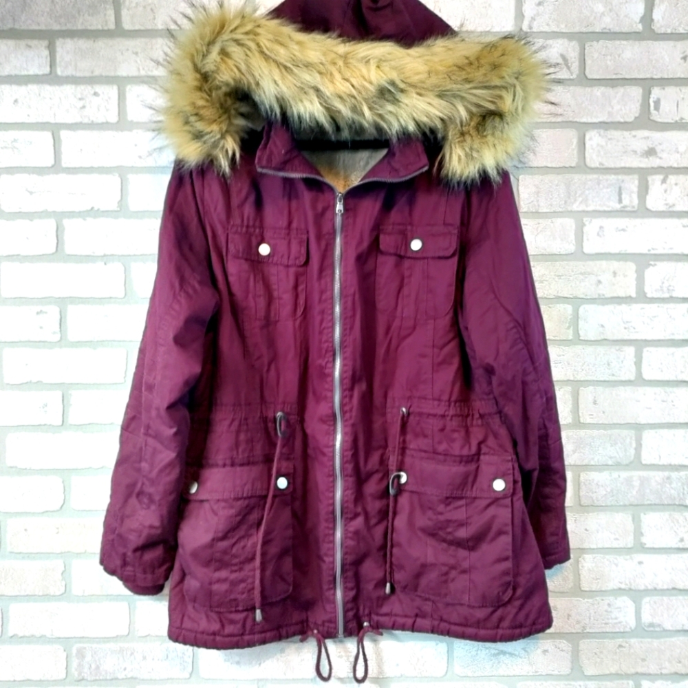 Royalty for Me Women's Maroon/Wine Fur Trim Hooded Coat with Sherpa Lining Sz 3X
